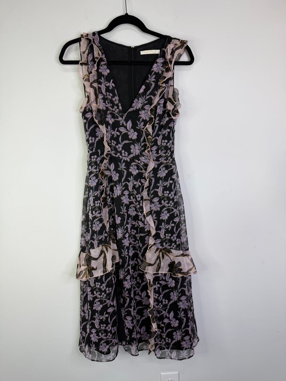 La Madison TALULAH Black Ruffle Midi Dress Lilac floral Print Size XS